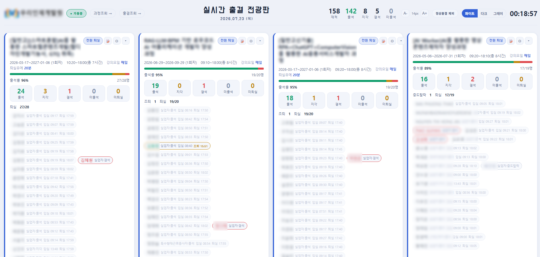 과정별 출결 집계와 수강생 상태